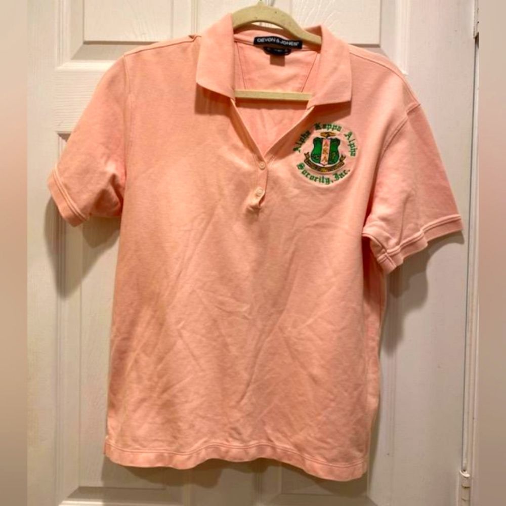 Devon & Jones Alpha Kappa Alpha, Inc polo shirt, women's sz XL. Pink & Green.